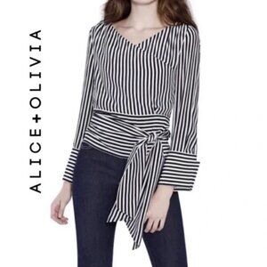 Alice + Olivia Alba Black White Crossover Striped Tie-Waist Silk Blouse Size XS